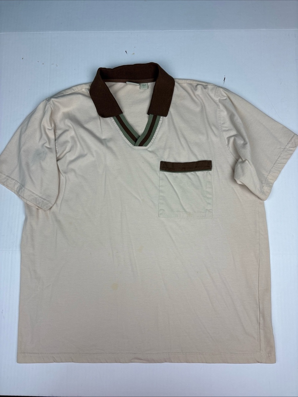 Vintage Haband Men Large Shirt Polo Beige Brown Green Stripe VNeck Detail Pocket